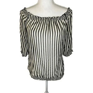 WHBM Women’s‎ Small Black & Cream Semi-Sheer Striped Banded Bottom Top